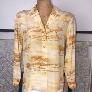 ESCADA margaretha ley Vintage yellow, Beige and Brown Printed silk Top Size S-M